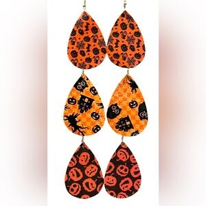 3 Pair Halloween holiday faux leather teardrop printed earrings